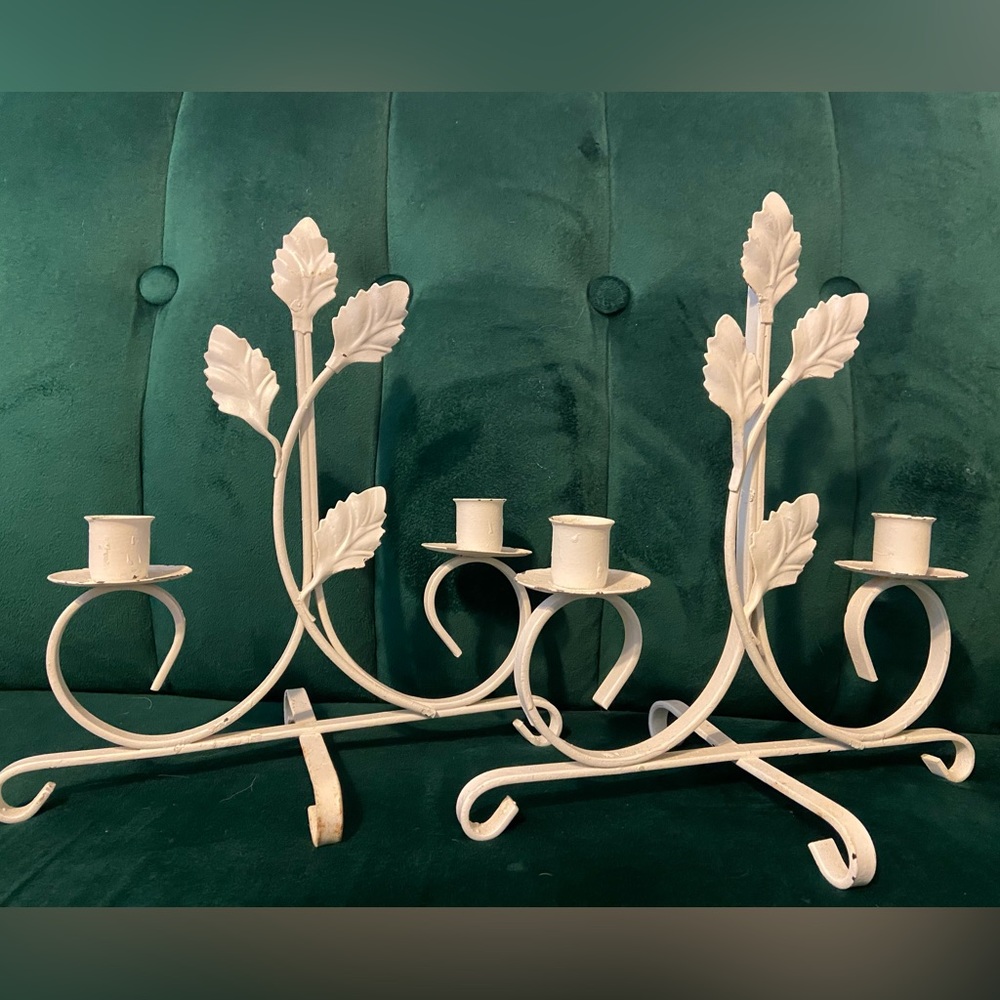VINTAGE painted metal leaf candle holders, off white, each holds two tapers